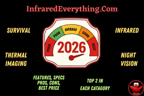 Scale in the middle with low poor average and good & the year 2026. Around it are the works Pros Cons, Specs, Best Price and Top 2 in each catagory. Also written around it are the words: survival, Infrared, Thermal Imaging and night vision